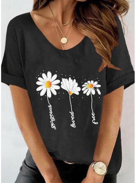 

Vacation Cotton Blends Floral Short Sleeve T-Shirt, Black, Tees & T-shirts