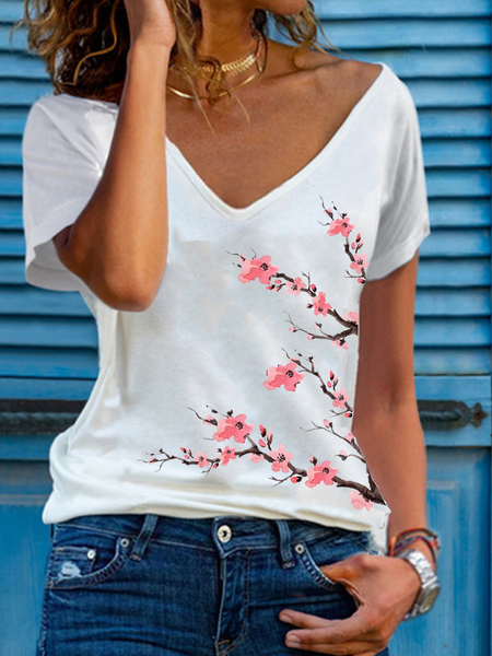 

Romantic Casual Cherry Blossom Print V-Neck Short Sleeve T-Shirt, White, T-Shirts