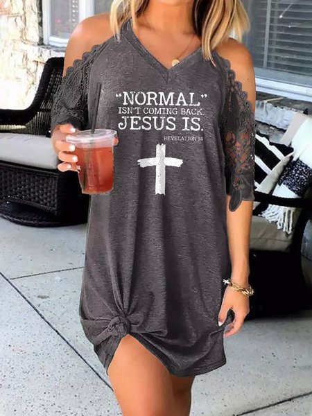 

V Neck Casual Short Sleeve Woven Dress, Gray, Mini Dresses