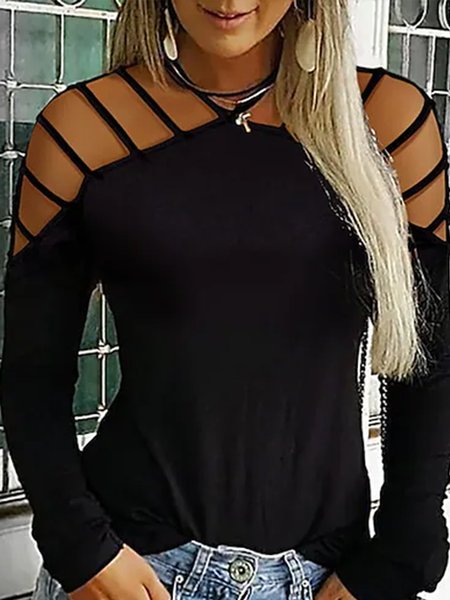 

JFN V Neck Solid Cut-Out Casual T-Shirt/Tee, Black, T-Shirts