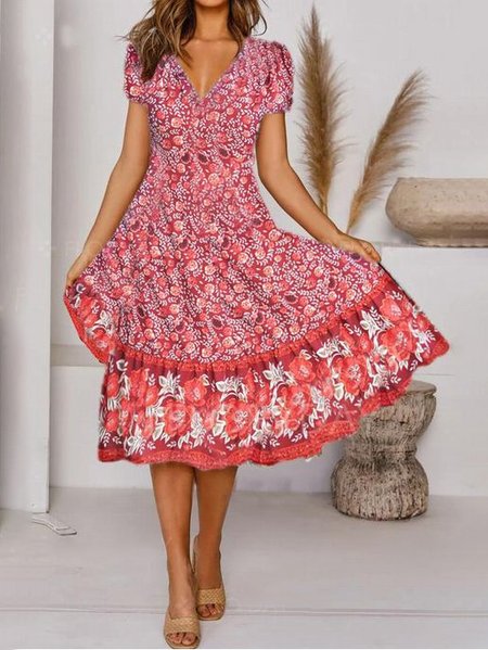 

Vacation Floral Regular Fit Short Sleeve Women Dress, Red, Midi Dresses