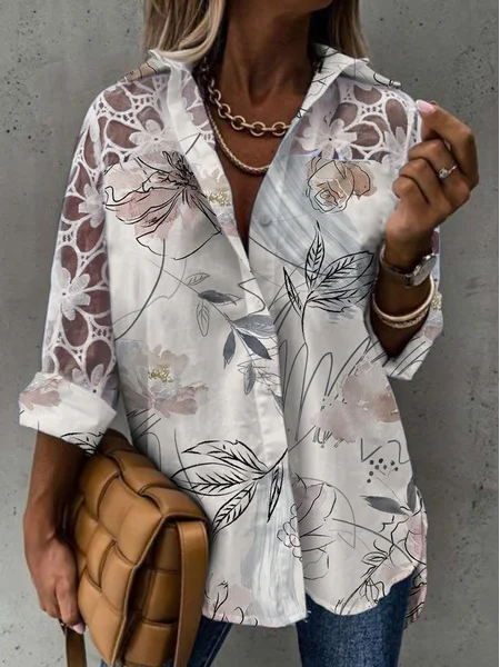 

Shirt Collar Floral Loosen Vacation Long Sleeve Blouse, Pink, Blouses & Shirts