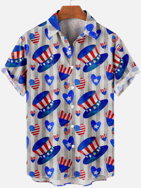

Hat & Flag Print Casual Short Sleeve Polo Shirt, As picture, Short Sleeves Shirts