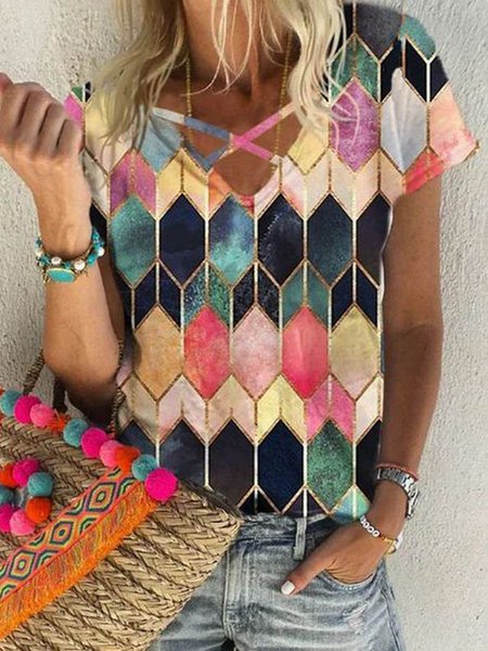 

Boho Geometric Printed Loosen Cross Casual Short Sleeve T-Shirt, Flower, T-Shirts