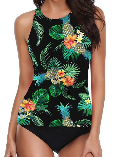 

Pineapple Stripe Print Slimming Conservative Split Swimsuit Tankini Plus Size, Green, Swimwear