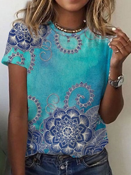 

Casual folk wind group Datura printed loose top T-shirt Plus Size, Blue, T-Shirts