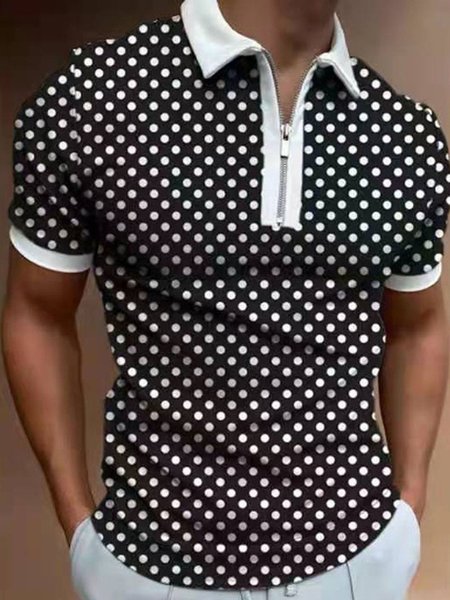 

Men's Polka Dot Print Casual Short Sleeve Polo Shirt, Black, Men's t-shirts