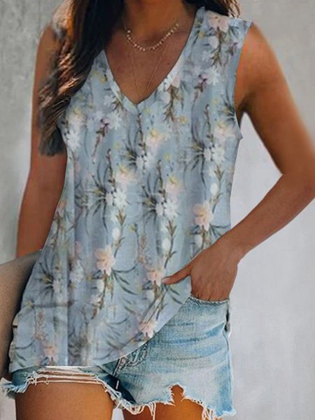 

Daily vacation leisure loose flower print top T-shirt Plus Size, Aqua blue, Tank Tops & Camis