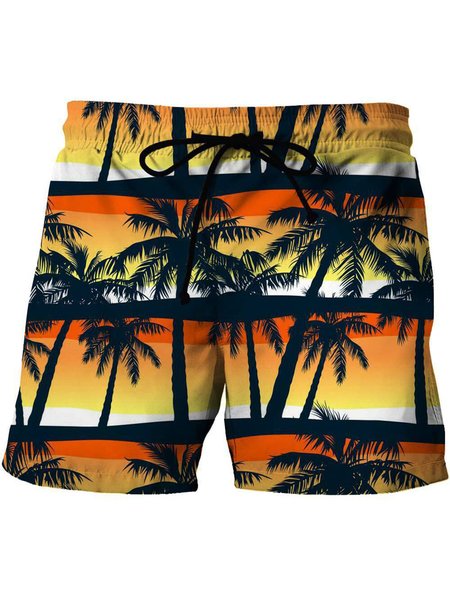 

Mens Hawaiian Coconut Tree Drawing Beach Shorts, Yellow, Men's shorts