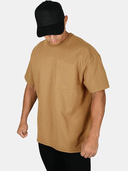 

Men's Basic Loose Patch Pocket Short Sleeve Crewneck Tee, Khaki, T-shirt