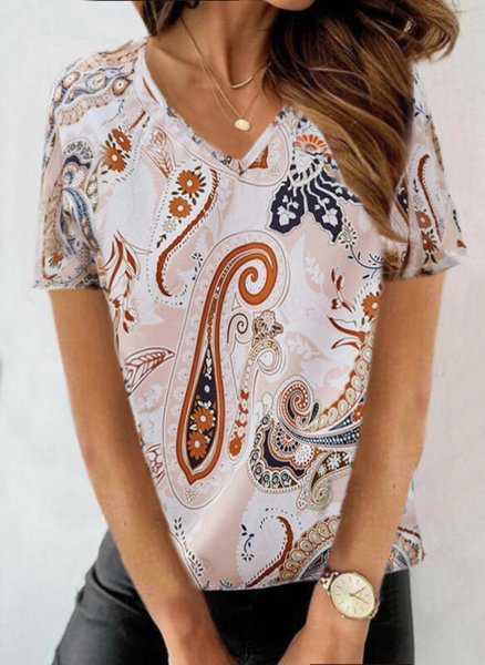 

Casual Tribal V neck Short Sleeve T-Shirt, As picture, T-Shirts