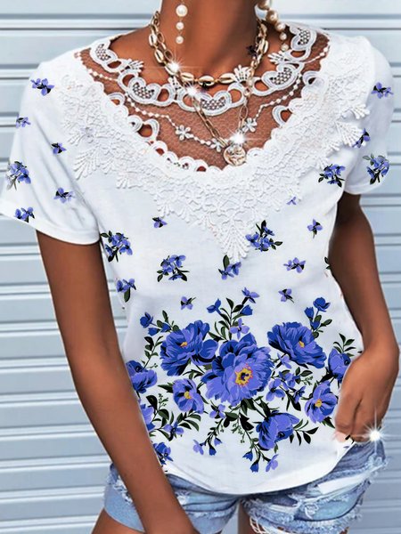 

Short sleeve round neck geometric gradient flower lace Resort Floral Crew Neck Cotton Blends Shirts & Tops, Deep blue, Tees & T-shirts