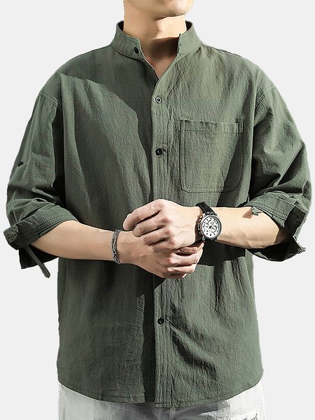 

Men's Cotton Linen Style Mid Sleeve Lapel Shirt, Army green, Blouses&Shirts