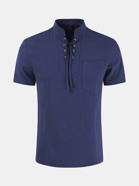 

Men's Cotton Linen Style Stand Collar Short Sleeve Shirt, Navyblue, Blouses&Shirts