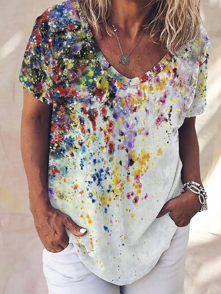 

Abstract Geometric Polka Dots Painted Casual Loosen Tunic Short Sleeve T-Shirt, As picture, T-Shirts