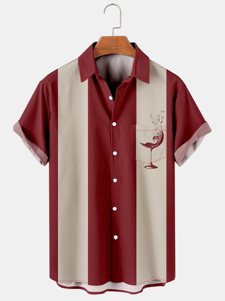 

Note Wine Glass Short Sleeve Casual Men's Shirt, Red, Men's Floral shirt