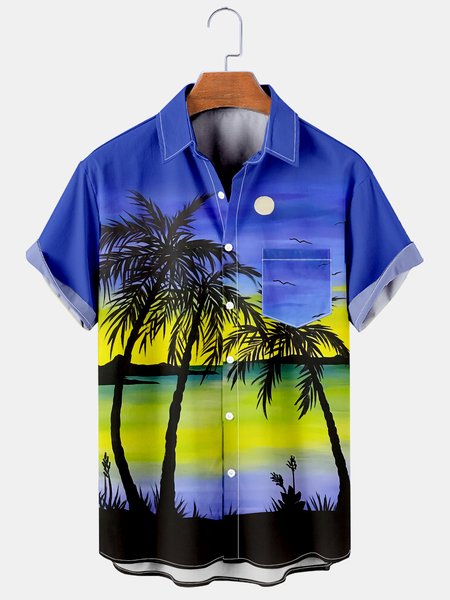 

Mens Aloha Coconut Tree Loose Chest Pocket Short Sleeve Funky Hawaiian Shirts, Blue, Men's Floral shirt