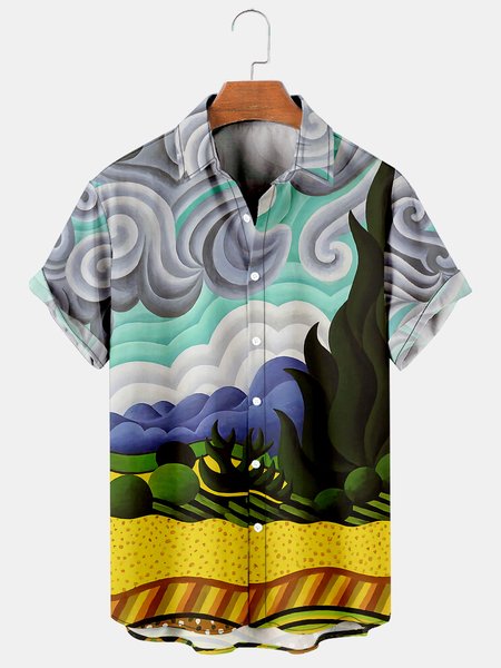 

Creative Oil Painting Graphic Short Sleeve Casual Men's Hawaiian Shirt, As picture, Shirts ＆ Blouse