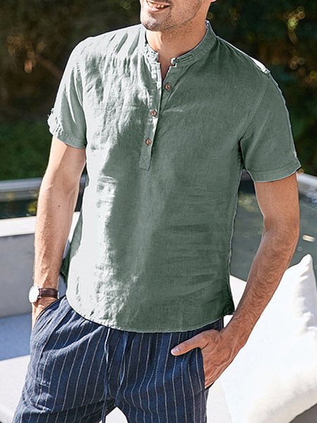 

Men's Plain Linen Short Sleeve Fashion Shirt, Sage green, Shirts ＆ Blouse