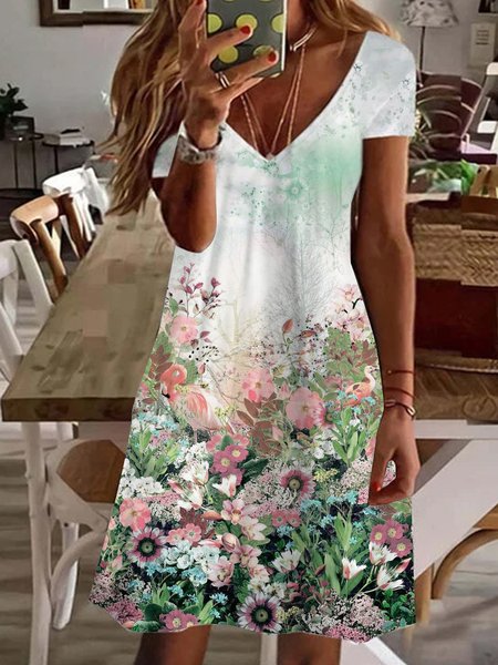 

Casual holiday floral print loose a-dress midi Plus Size, Lightgreen, Dresses