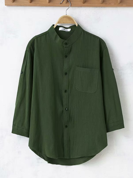

Men's Cotton Linen Style Stand Collar Mid Sleeve Shirt, Green, Blouses&Shirts