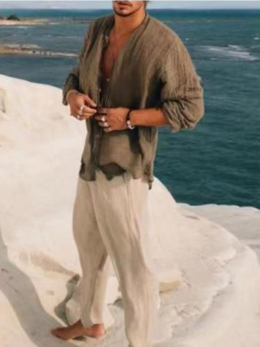 

men's stand collar cardigan long sleeve shirt, Brown, Blouses&Shirts