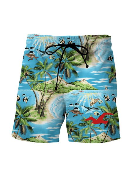 

Men's Casual Print Hawaiian Shorts Beach Pants, Blue, Men's shorts