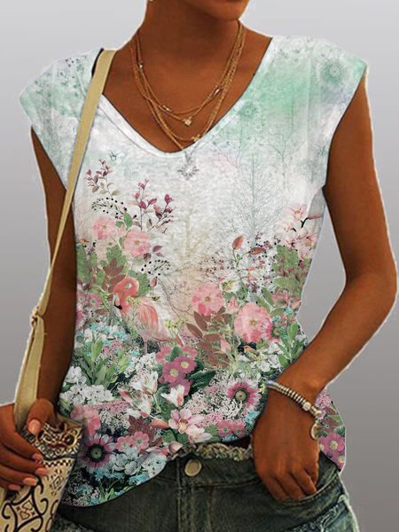 

Casual holiday floral print loose top T-shirt Plus Size, Lightgreen, T-Shirts
