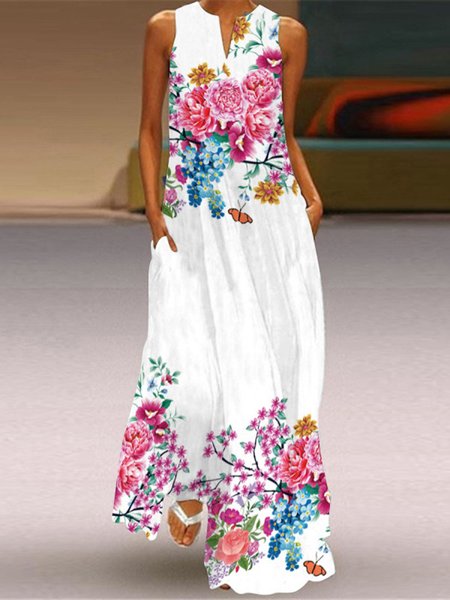 

Boho Floral Sleeveless V neck Woven Dress, White, Maxi Dresses