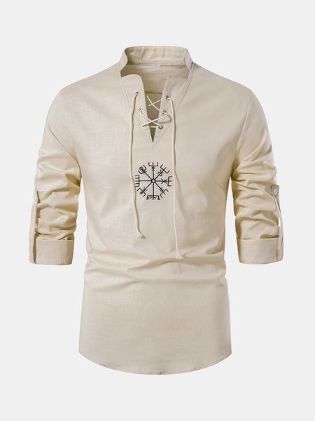 

Men's Cotton Linen Style Stand Collar Half Placket Cord Tie Long Sleeve Shirt, Khaki, Blouses&Shirts