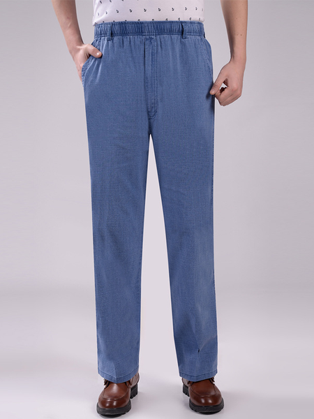 

Men's Cotton Linen High Waist Loose Straight Trousers, Blue, Pants