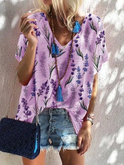 

Shirt Sleeve Plants Cotton Blends Shirts & Tops, Purple, Tees & T-shirts
