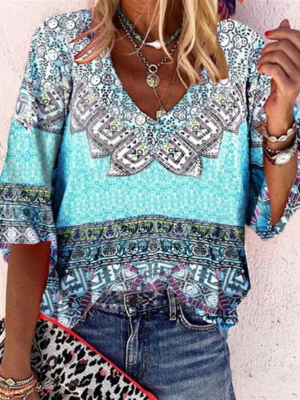 

casual loosen V Neck Ethnic Tribal Shirts & Tops, Multicolor, T-Shirts
