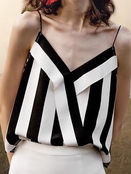 

Casual Loosen Woven Tank Ribbed Tops, Black-white, Tank Top