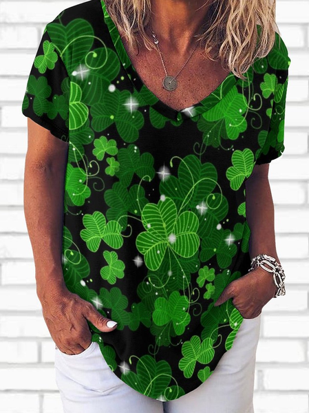 

St. Patrick's Day Four-Leaf Clover Floral Crew Neck Short sleeve tops, Green, T-shirts