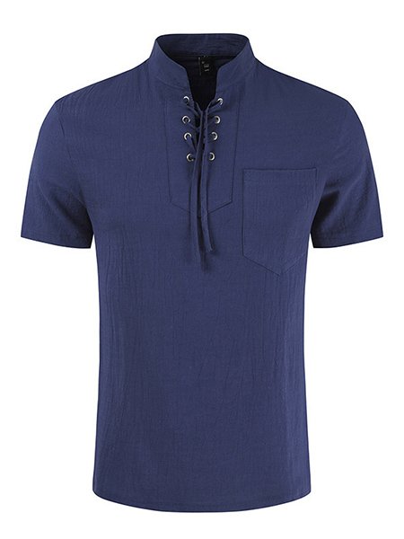 

Men's Vintage Cotton Linen Lace-Up Pocket Short Sleeve Shirt, Navyblue, Men's basic shirt