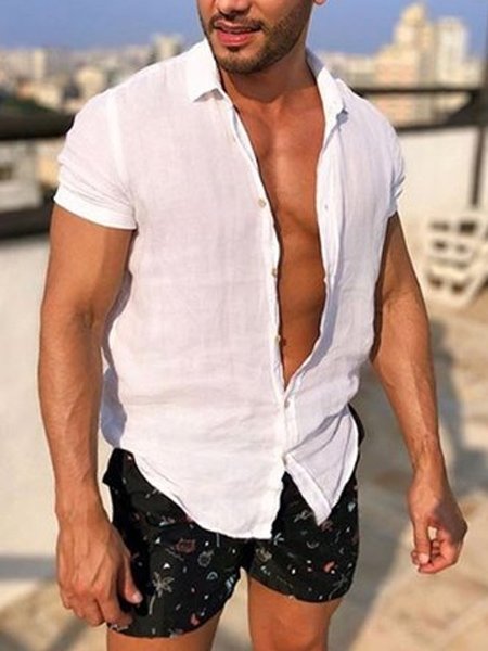 

Men's Vintage Cotton Linen Loose Short Sleeve Shirt, White, Shirts ＆ Blouse