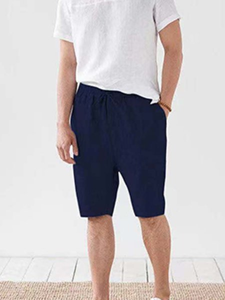 

Men's Plain Cotton Linen Casual Shorts, Navyblue, Shorts