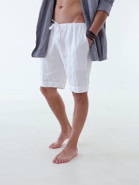 

Men's Plain Cotton Linen Casual Shorts, White, Men's shorts
