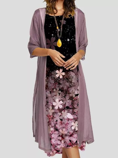 

Crew Neck Chiffon Floral Two Piece Sets, Gray purple, Suit Set