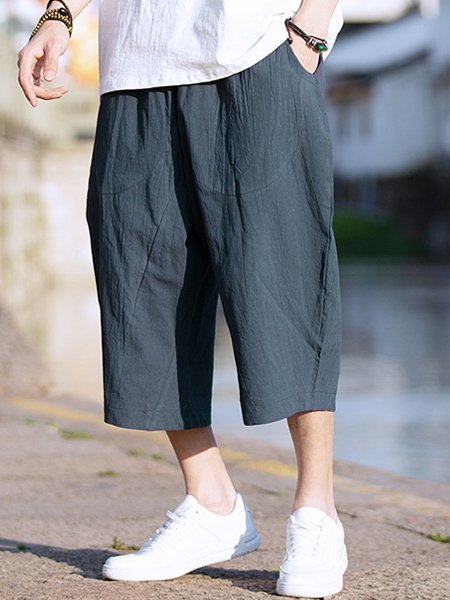 

Men's Plain Cotton Linen Casual Shorts, Gray, Men's shorts