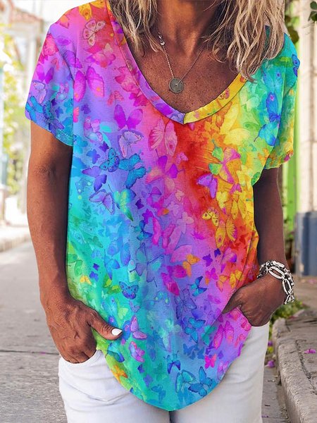 

Butterfly Gradient Print V-Neck Short Sleeve T-Shirt, As picture, T-shirts