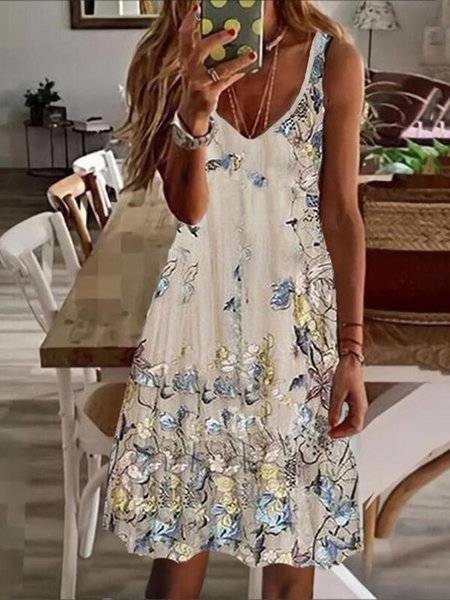 

Boho Floral Mesh Sleeveless A-line Midi Dress, Khaki, Mini Dresses