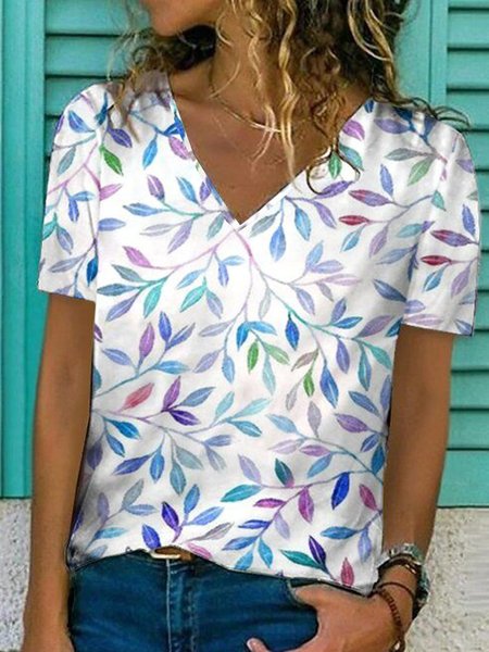 

Casual Floral Loosen V Neck Short Sleeve T-Shirt, Flower, T-Shirts
