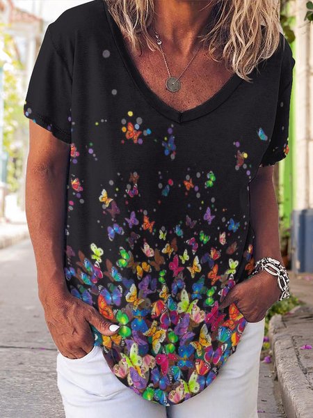 

Casual Butterfly Print V-Neck Short Sleeve T-shirt, As picture, T-shirts