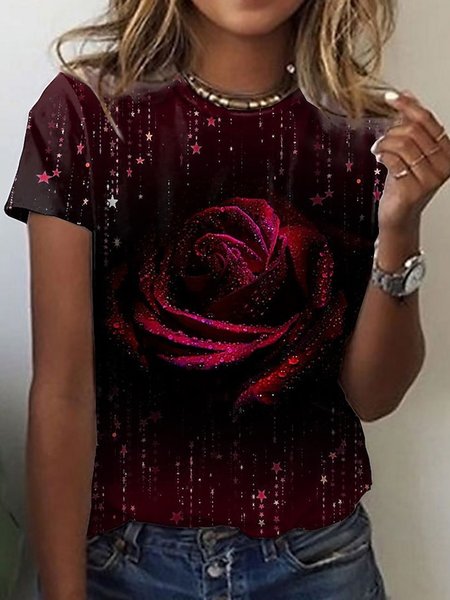 

Cotton Blends Crew Neck Loosen Short Sleeve T-Shirt, As picture, T-Shirts