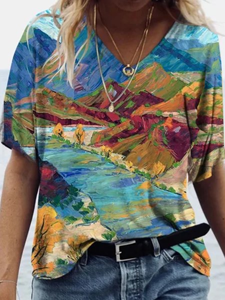 Vintage Art Classic V Neck Painted Vacation Short Sleeve T Shirt