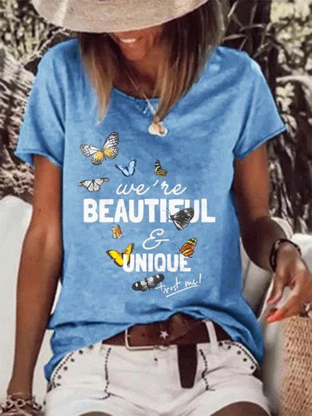 

Butterfly Letters Short Sleeves Crew Neck Plus Size Casual Tops, Blue, T-Shirts