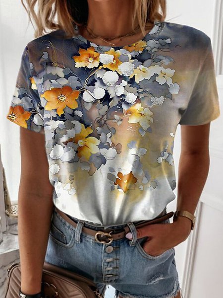 

Crew Neck Casual Floral Short Sleeve T-Shirt, Flower, T-Shirts