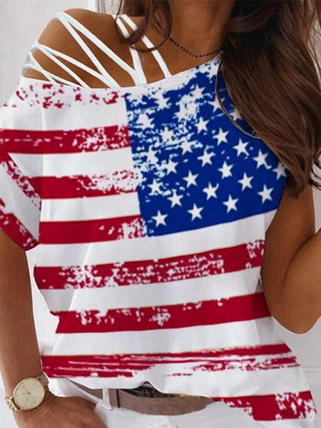 

Flag Casual One Shoulder Short Sleeve T-Shirt, White, T-Shirts